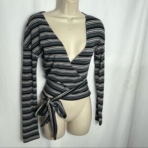 Free People Always With Me Faux Wrap Deep V Long Sleeve Striped Top size M 1201
